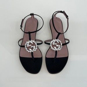 GUCCI BLACK LEATHER CRYSTAL GUCCI SANDALS SIZE IT 37 / US 7 NEW IN BOX!